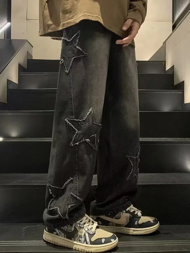 Tk Calça Jeans Larga Com Corte Solto E Estampa