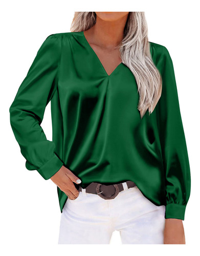 Blusa De Satén Plisada Con Cuello En V, Holgada, Larga, L, P