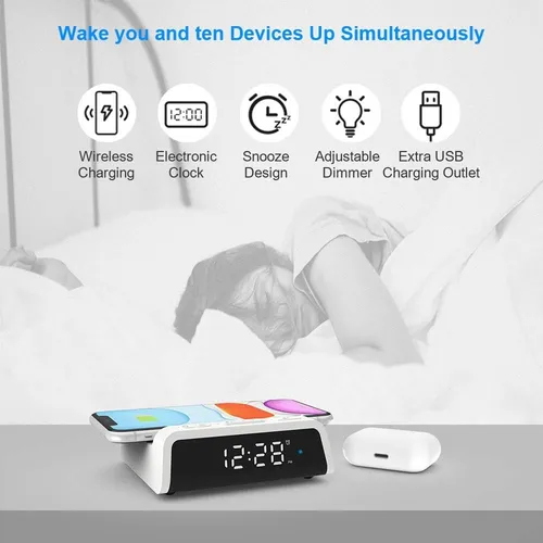 Reloj Despertador Carga Inalambrica Qi 15w Alarma Repetidor