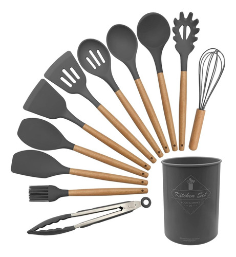 Set Kit X12 Utensillos De Cocina Silicona Mango Madera Gris