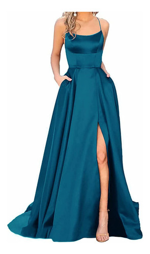 Vestido Fiesta Saten Cuello V Abertura Alta Aplique Encaje