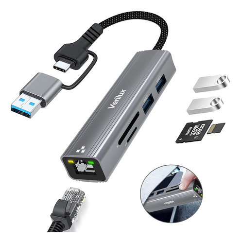 Adaptador Hub Usb C3.0 Ethernet Rj45 Red Lan Gigabit 5 En 1