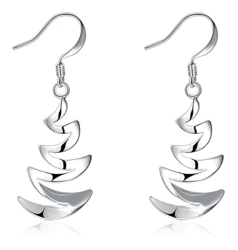 Aros Plateados Largos Con Ondas Plata 925 Argollas Colgantes