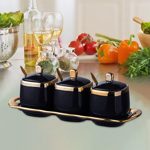 Juego De 3 Botes Para Condimentos Con Cuchara Y Negro