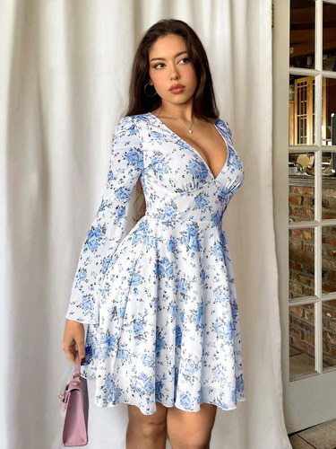 Shein Vestido Floral En V Mujer Importado Elegante Invierno