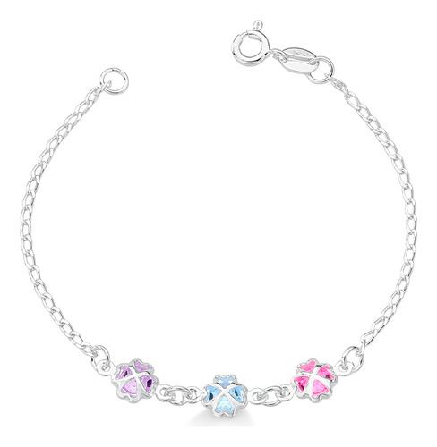 Pulseira Infantil Com Trevos Pedras Coloridas Prata 925