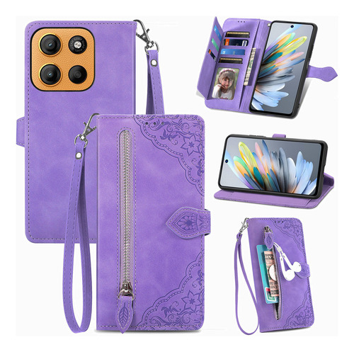 Funda De Piel Sintética Con Estampado De Flores Con Cremallera Para Motorola Book Bag