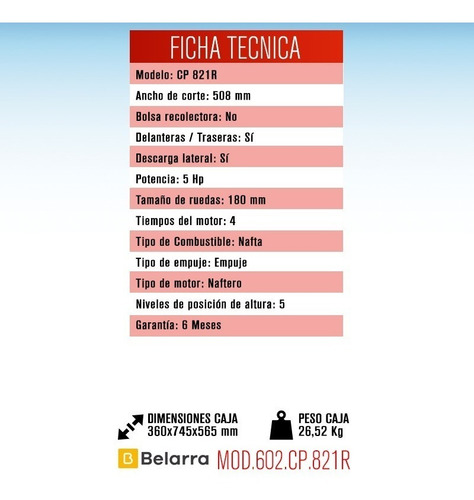 Imagen 2 de 5 de Cortadora De Cesped A Nafta 5 Hp 50 Cm 5 Posiciones Belarra