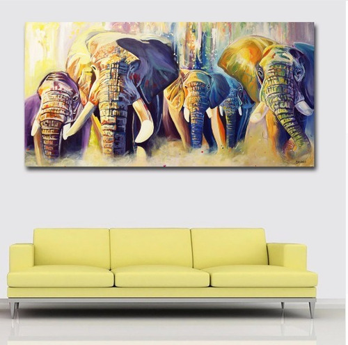 Cuadro Canvas Familia De Elefantes 1x.60 M Acuarela Colores Moderno Listo Para Colgar Materiales De Calidad No Sintetico Color Multicolor