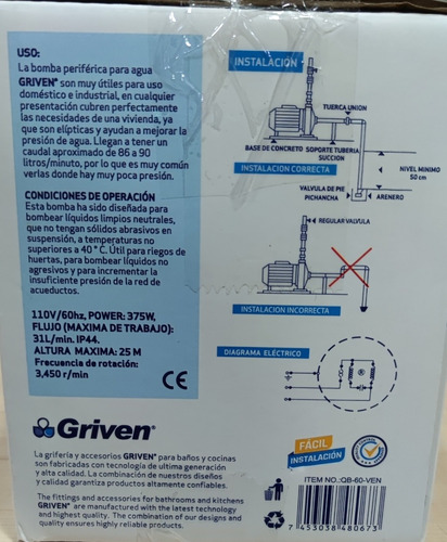 Imagen 4 de 5 de Bomba De Agua 1/2 Hp Griven