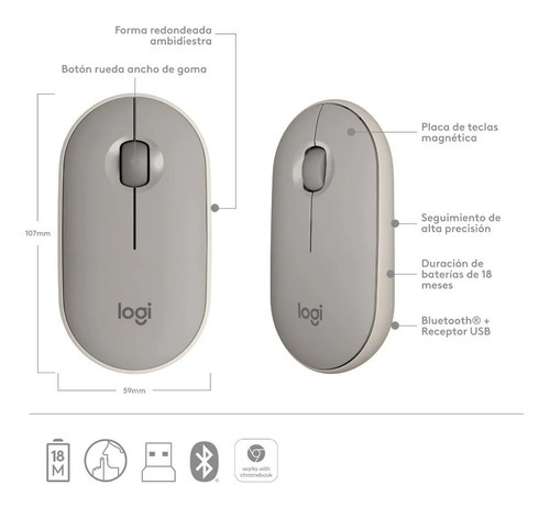 Mouse Wireless Bluetooth Logitech Pebble M350 Grey Milk Color Marrón