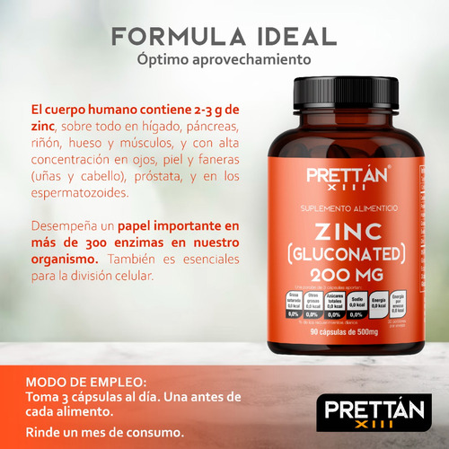 Gluconato De Zinc 200mg Suplemento 90 Caps Prettan