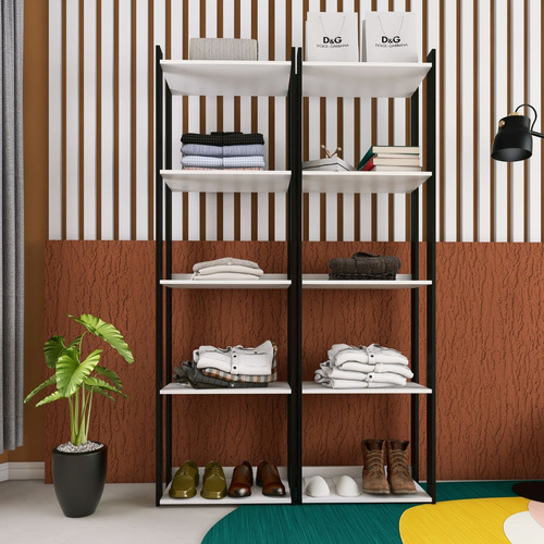 Kit 2 Estantes Madeira Estilo Industrial Para Sala Quarto Cor Branco