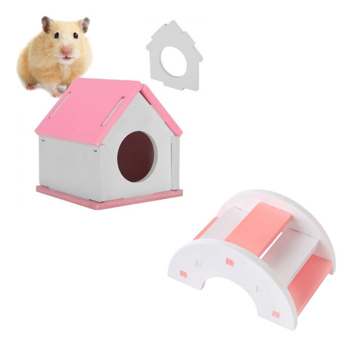 Kit Casa Refugio + Escada Ponte P/ Roedores Hamster Pet Rosa