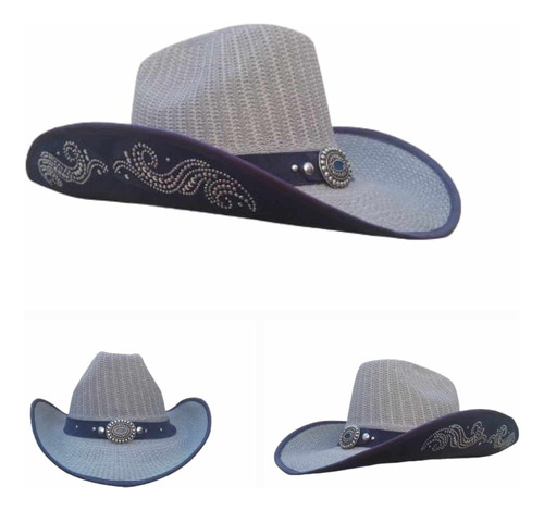 Sombrero Cowboy Forrado  Bordado Strass Gris Y Azul