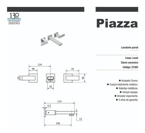 Imagen 3 de 6 de Griferia De Pared Piazza Level 21203 Cromado Cierre Ceramico