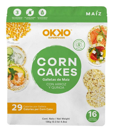 10 Pzas Galletas De Maíz Okko Superfoods Con Arroz Y Quinoa