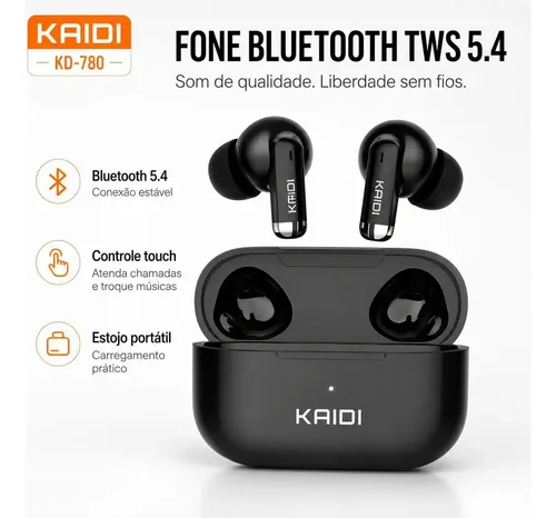 Fone Bluetooth 5.4 Sem Fio Tws Kaidi Kd780 Graves Potentes Preto