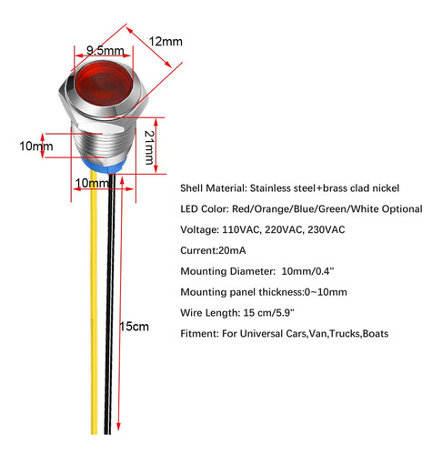 Luz Indicadora Led De Metal Gebildet 10 Mm 110v-220v Ac Red