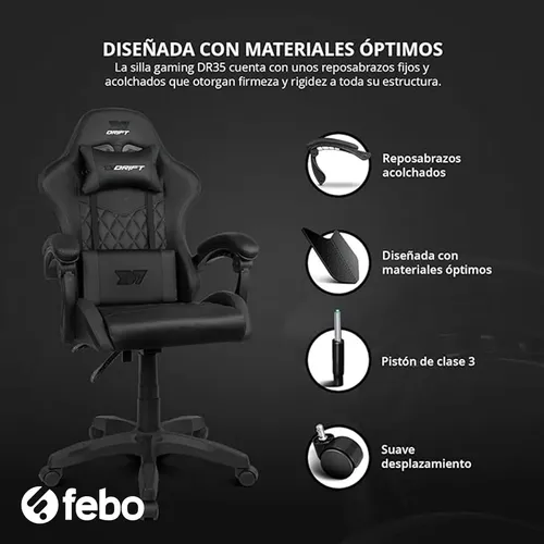 Silla Gamer Gaming Ergonomica Reclinable Drift Dr35 Febo Color Negro Con Rojo Material Del Tapizado Pu