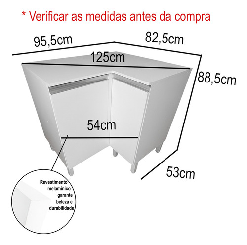 Balcão De Canto Direito 125cm Cozinha Multiuso Com Tampo Montado Cor Branco