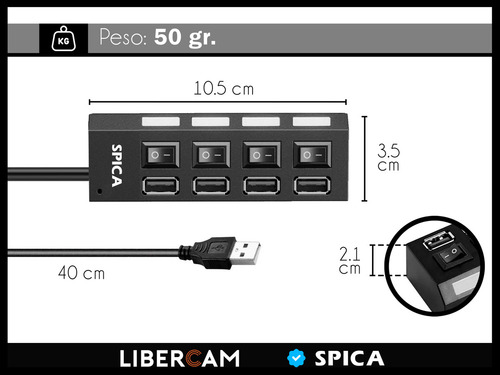 Hub Usb Multiplicador 4 Puertos Usb Spica Rhub-50 Luz Led Pc Notebook Color Negro