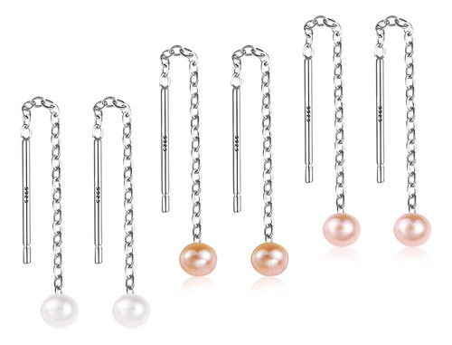 3 Pairs Pearl Earrings Set 925 Sterling Silver Threader Earr