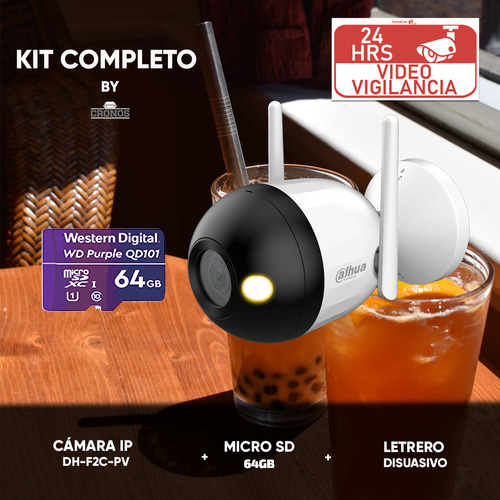 Kit videovigilancia Cronos Cámara Dahua Ip Bala F2C-PV 2MP Wifi Full Color Audio + Microsd 64gb + Accesorios - Kit De Cámara Inteligente DH-F2C-PV-64GB (Dahua Microsd WDD064G1P0C)
