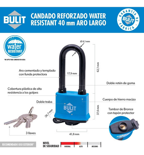 Imagen 2 de 10 de Candado Bulit Doble Traba Resistente Al Agua - Aro Largo 40