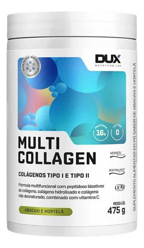 Colágeno Tipo1 E Tipo2 Multi Collagen 475g Dux Nutrition Sabor Abacaxi Com Hortelã