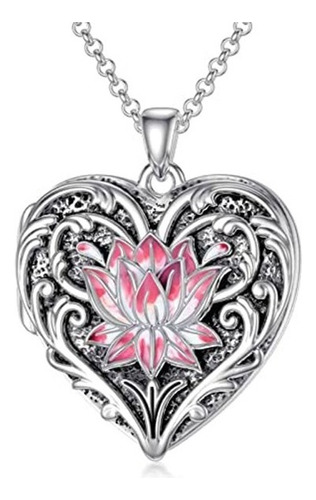 Collar Plata Fina 925 Relicario Corazon Flor De Loto Rosa