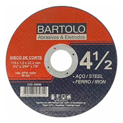 Disco De Corte 4 1/2 115 X 1,0 X 22,2 Mm Aço Ferro Bartolo