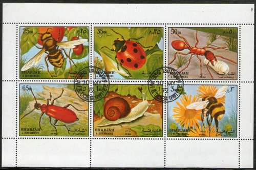 Sharjah 1 Hojita Bloc Usada X 6 Sellos Insectos Año 1972 