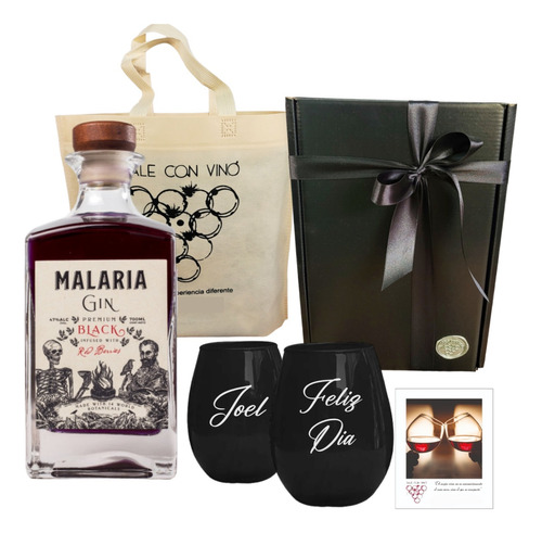 Regalo Box Gin Malaria Black + 2 Vasos Negros Kit Grabados 