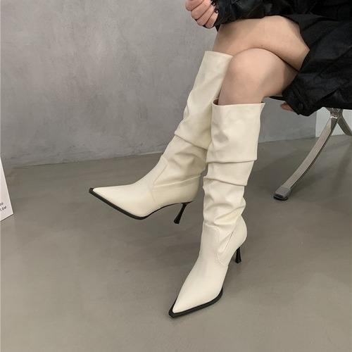 Botas Largas De Cuero Con Tacón Alto Y Punta Puntiaguda Para