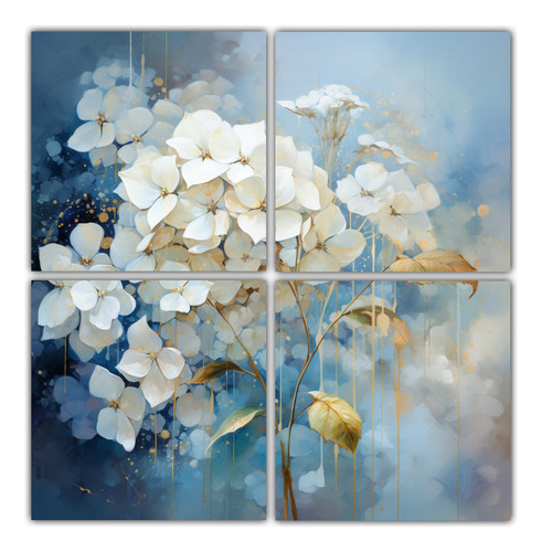 60x60cm Cuadro De Hortensias Abstractas Blancas Y Doradas En