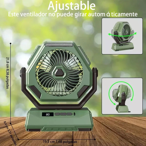 Ventilador De Camping Portátil Recargable Con Luz Led Y Ganc Verde