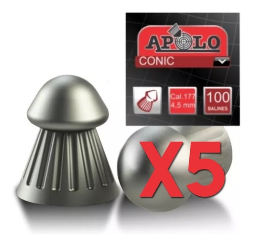 Imagen 3 de 10 de Pack X5 Balines Apolo Conic Punta 4.5 Mm X100 Aire Comprimid