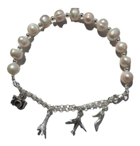 Pulsera Viaje De Plata Ley 925 Con Perlas + Bolsita Regalo