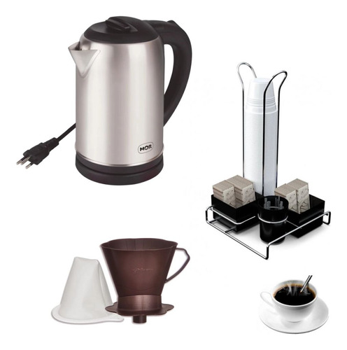 Kit Chaleira 1l Elétrica 110v + Organizador De Café + Coador