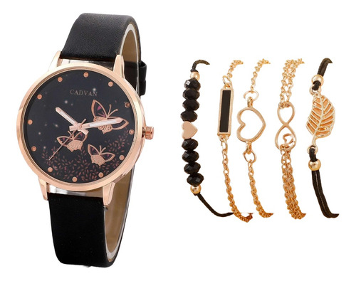 Reloj Pulsera Cuarzo Casual Moda Para Mujer Negro Set 6 Pz