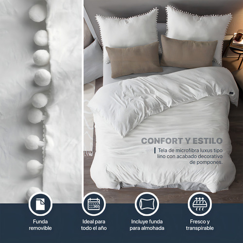 Funda De Edredón Duvet Queen Size Micro-luxe Esquimal Con Pompones Y Fundas De Almohada Blanco | Microfibra Tipo Lino Prelavado Blanco Lisa