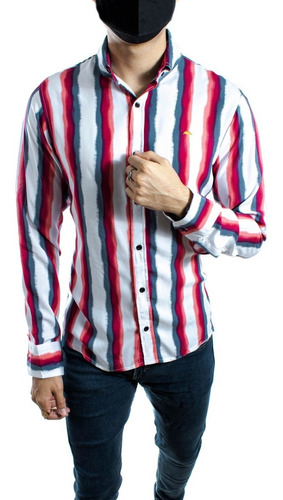 Camisa Hombre Casual Slim Fit Blanca Rayas Azul, Roja Moon &