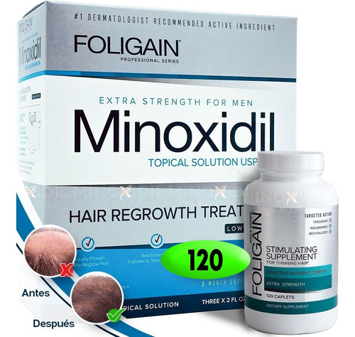 Super Kit Minoxidil Foligain 5% Bajo Alcohol + Tabletas 120 