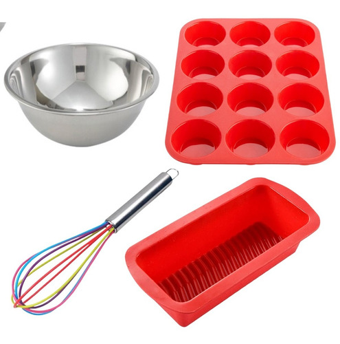 Set Reposteria Moldes Muffins Budinera Silicona + Bowl Acero