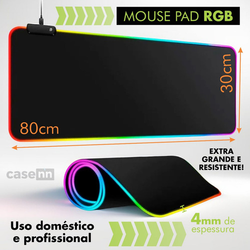 Mouse Pad Gamer Extra Grande Rgb Led Speed Usb 80x30cm Led Mousepad Rgb Colorido Para Mesa De Jogo Pc, Desktop E Computador Casenn Preto