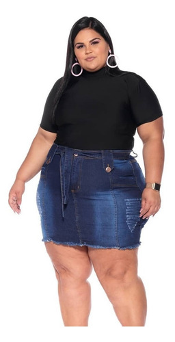 Imagem 2 de 5 de Saia Jeans Plus Size Rasgada Curta Cintura Alta Com Lycra
