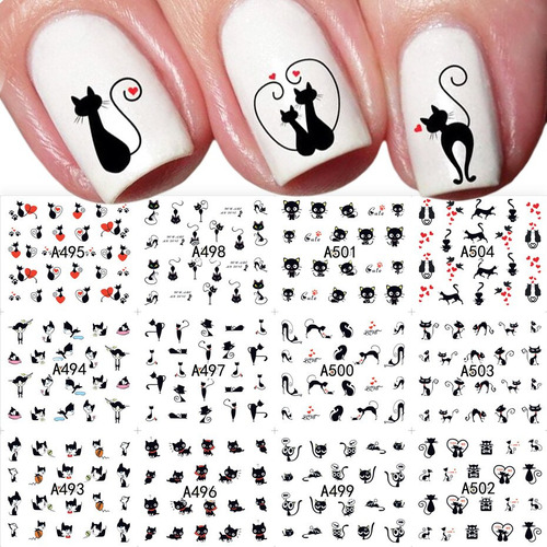 12 Pegatinas De Gato Negro For Uñas Con Forma De Corazón De