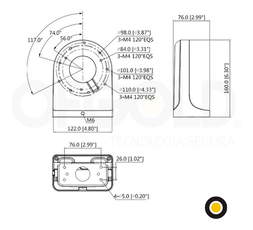 Imagen 4 de 9 de Soporte Brazo Minidomo Aluminio Dahua 1kg 160x122x76 Pfb203w