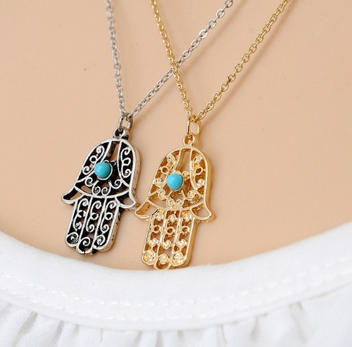 Collar Mano Hamsa Fatima Namaste Turquesa Mujer Dije Suerte